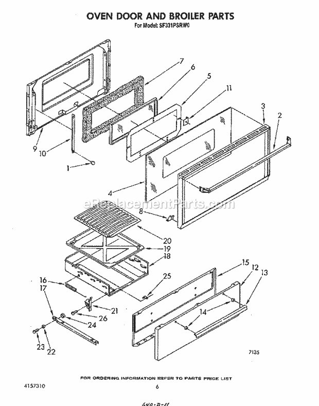 Whirlpool SF331PSRW0 Gas Range Oven Door and Broiler Diagram