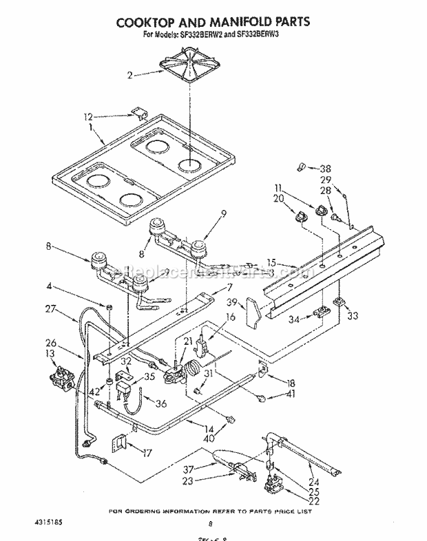 Whirlpool SF332BERW3 Gas Range Cook Top and Manifold , Literature Diagram