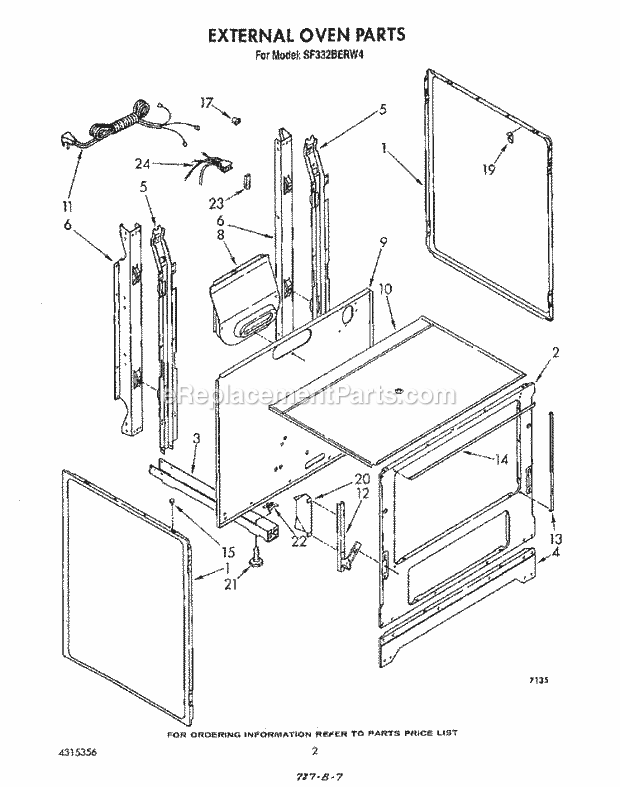 Whirlpool SF332BERW4 Gas Range External Oven Diagram