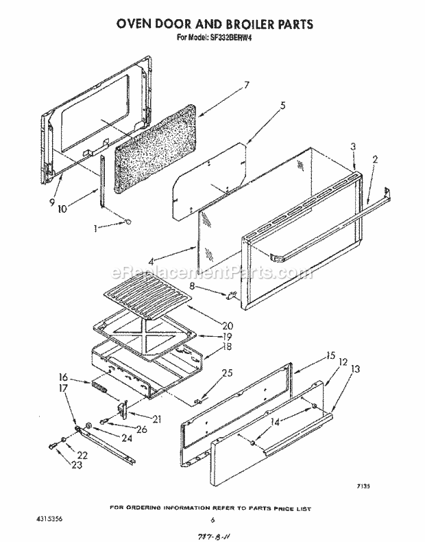 Whirlpool SF332BERW4 Gas Range Oven Door and Broiler Diagram