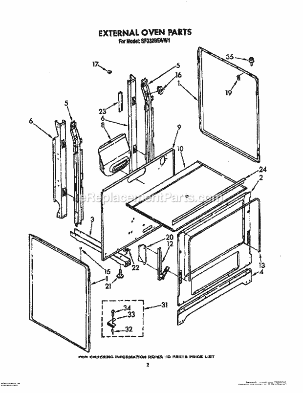 Whirlpool SF332BEWW1 Gas Range External Oven Diagram