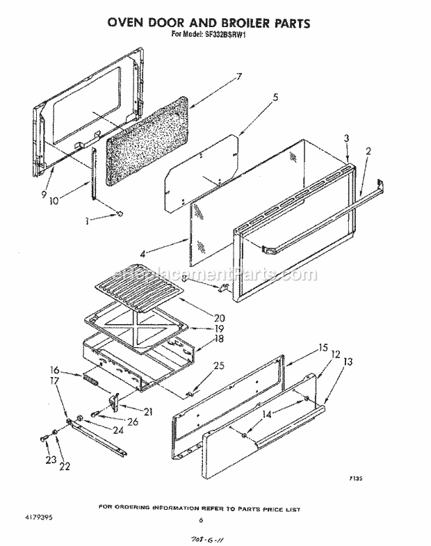 Whirlpool SF332BSRW1 Gas Range Oven Door and Broiler Diagram