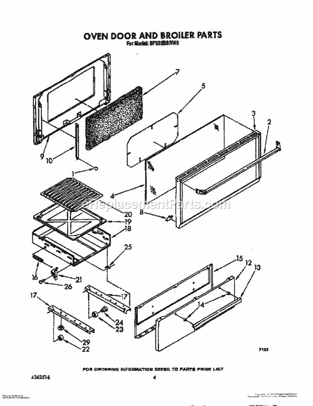 Whirlpool SF332BSRW6 Gas Range Oven Door and Broiler Diagram