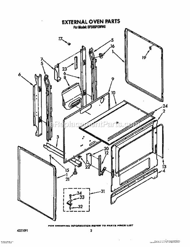 Whirlpool SF335PEWW0 Gas Range External Oven Diagram