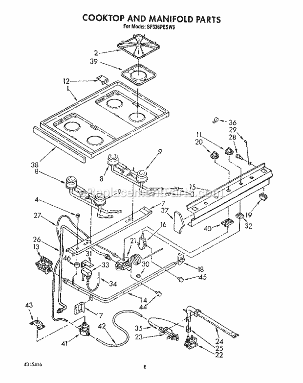 Whirlpool SF336PESW6 Gas Range Cooktop and Manifold, Lit/Optional Diagram