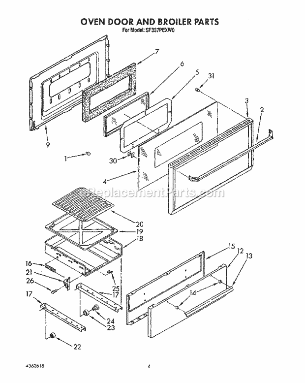 Whirlpool SF337PEXW0 Gas Range Oven Door and Broiler Diagram