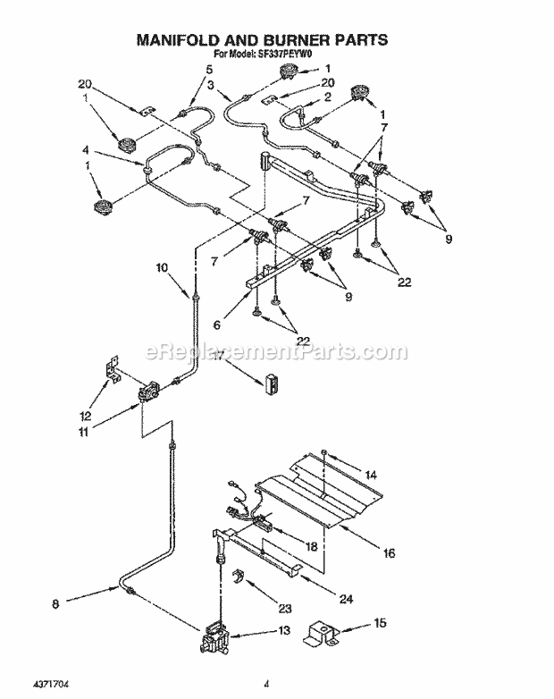 Whirlpool SF337PEYN0 Range Manifold and Burner Diagram