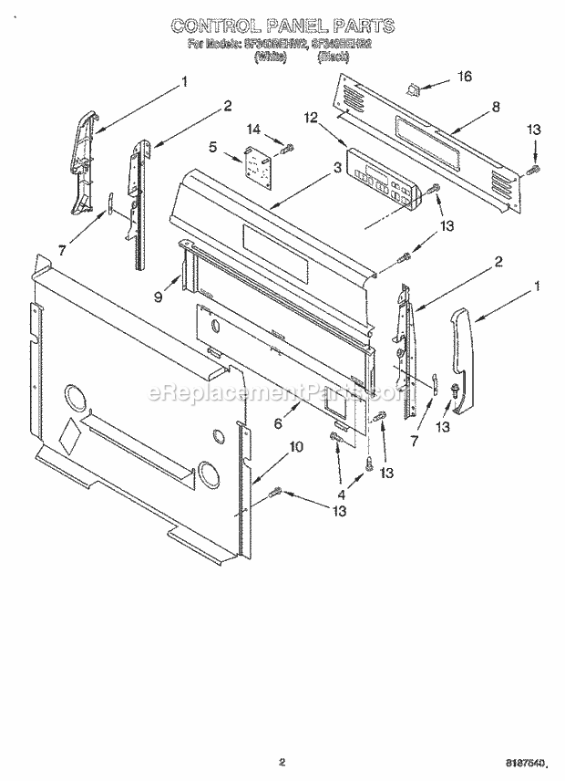 Whirlpool SF340BEHB2 Freestanding Gas Range Control Panel Diagram