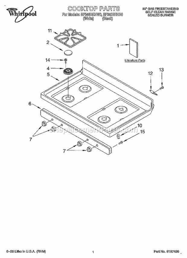 Whirlpool SF340BEHW0 Freestanding Gas Range Cooktop, Literature Diagram