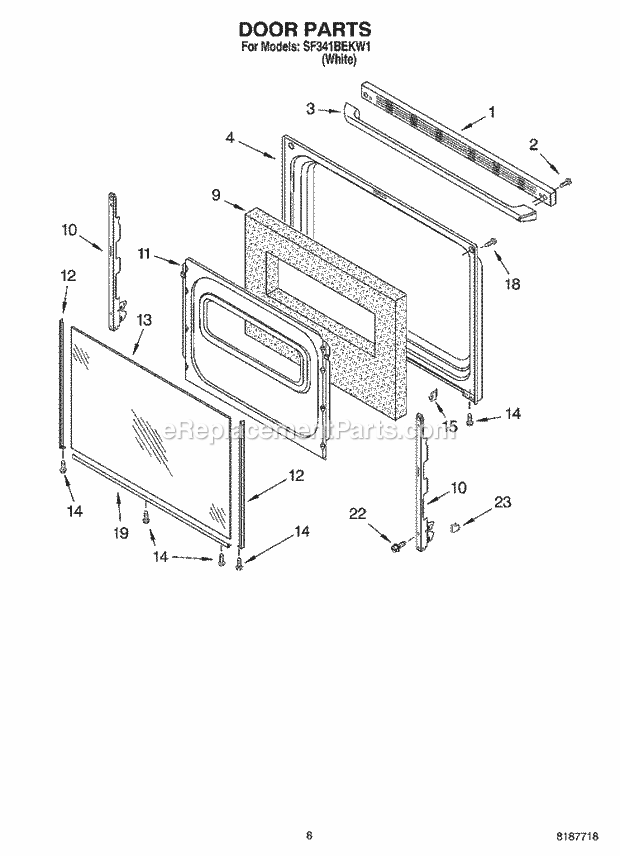 Whirlpool SF341BEKW1 Freestanding Gas Range Door Diagram