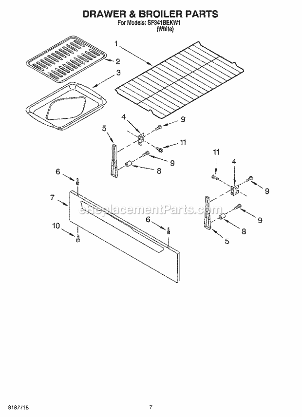 Whirlpool SF341BEKW1 Freestanding Gas Range Drawer and Broiler Diagram