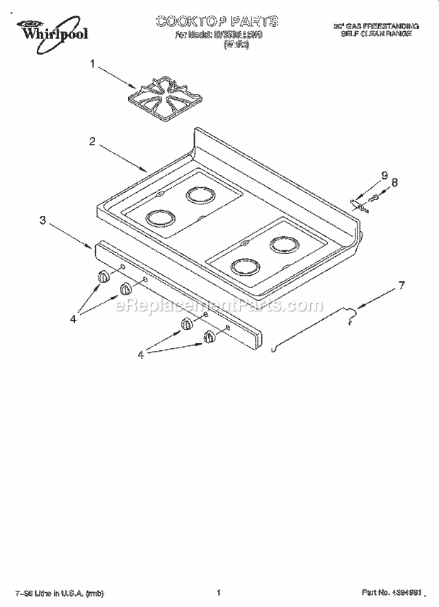 Whirlpool SF350BEEW0 Freestanding Gas Range Cooktop Diagram