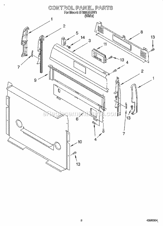 Whirlpool SF350BEGW1 Freestanding Gas Range Control Panel Diagram