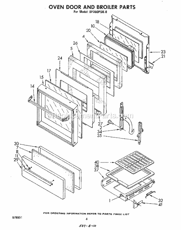 Whirlpool SF350PSK0 Gas Range Oven Door and Broiler Diagram