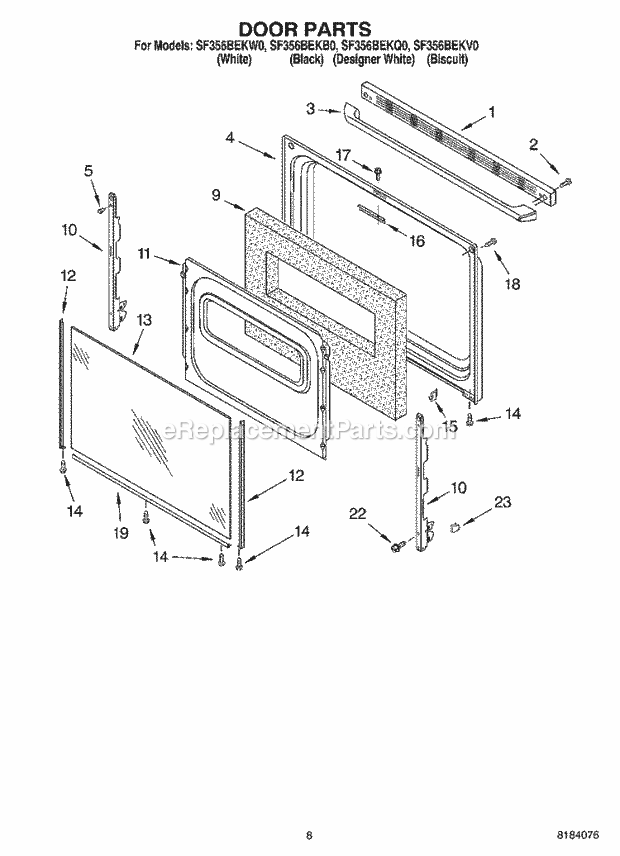 Whirlpool SF356BEKB0 Freestanding Gas Range Door Diagram