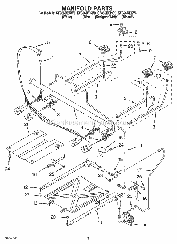 Whirlpool SF356BEKB0 Freestanding Gas Range Manifold Diagram