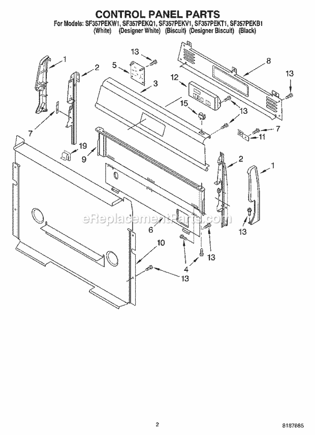 Whirlpool SF357PEKB1 Freestanding Gas Range Control Panel Diagram