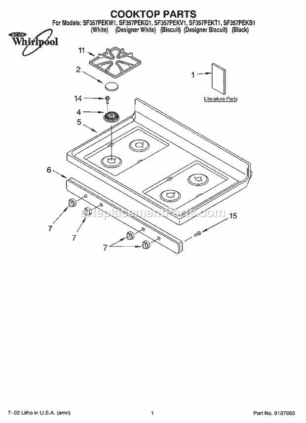 Whirlpool SF357PEKB1 Freestanding Gas Range Cooktop, Literature Diagram
