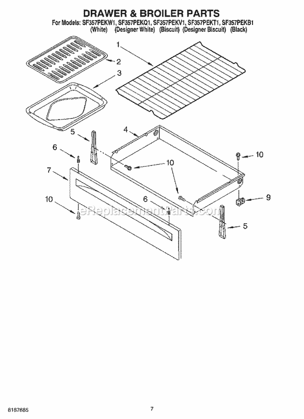 Whirlpool SF357PEKB1 Freestanding Gas Range Drawer and Broiler Diagram