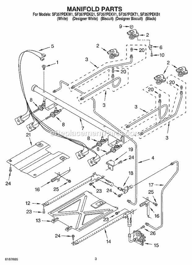 Whirlpool SF357PEKB1 Freestanding Gas Range Manifold Diagram