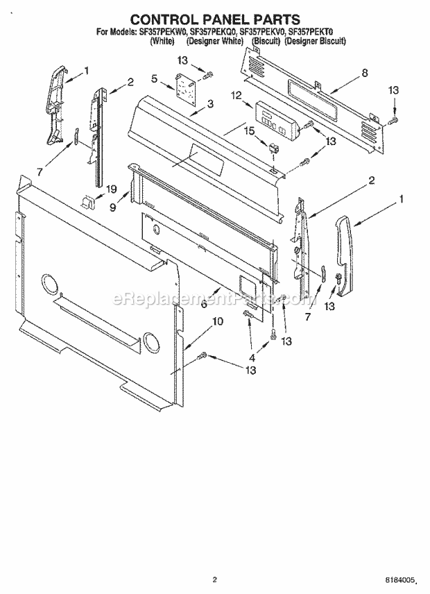 Whirlpool SF357PEKQ0 Freestanding Gas Range Control Panel Diagram