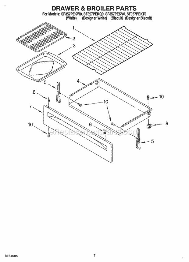 Whirlpool SF357PEKQ0 Freestanding Gas Range Drawer & Broiler Diagram