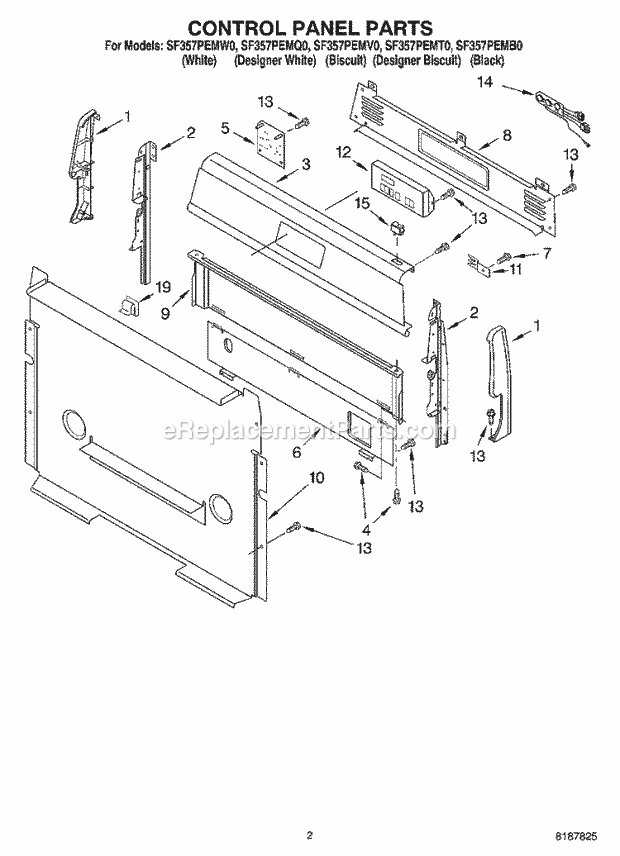 Whirlpool SF357PEMQ0 Freestanding Gas Range Control Panel Parts Diagram