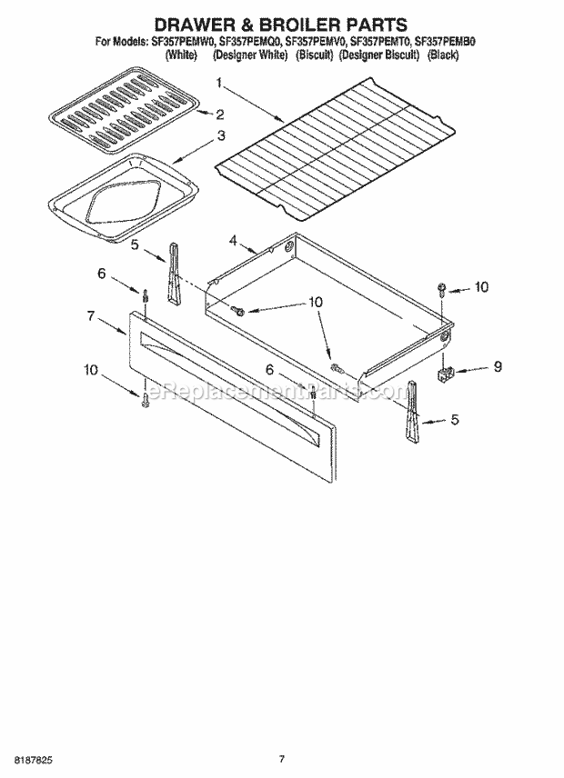 Whirlpool SF357PEMQ0 Freestanding Gas Range Drawer & Broiler Parts Diagram