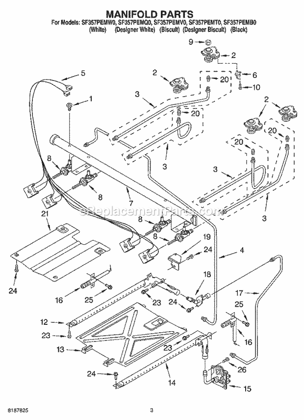 Whirlpool SF357PEMQ0 Freestanding Gas Range Manifold Parts Diagram