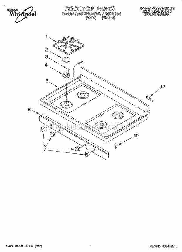 Whirlpool SF360BEEW0 Gas Range and Oven Cooktop Diagram