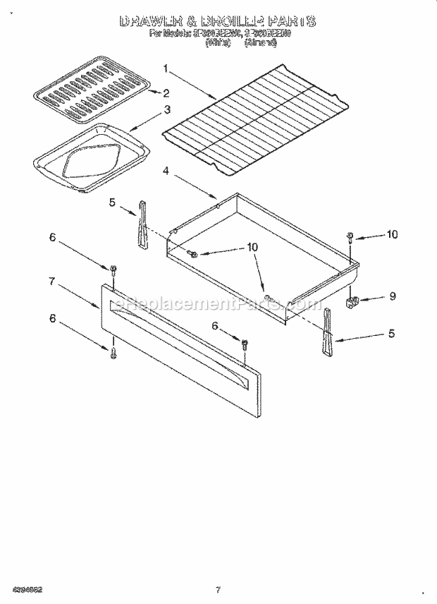 Whirlpool SF360BEEW0 Gas Range and Oven Drawer and Broiler Diagram