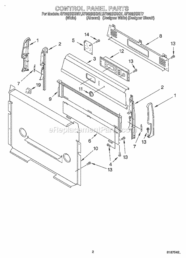 Whirlpool SF362BEGN7 Freestanding Gas Range Control Panel Diagram