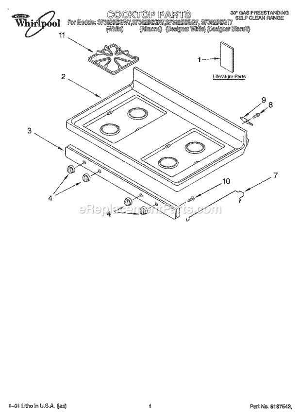 Whirlpool SF362BEGN7 Freestanding Gas Range Cooktop, Literature Diagram