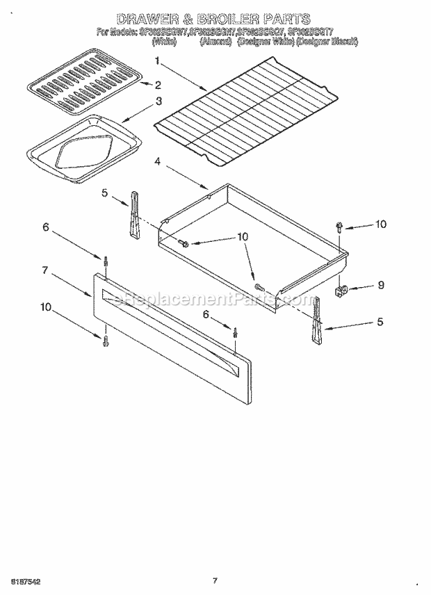Whirlpool SF362BEGN7 Freestanding Gas Range Drawer and Broiler Diagram