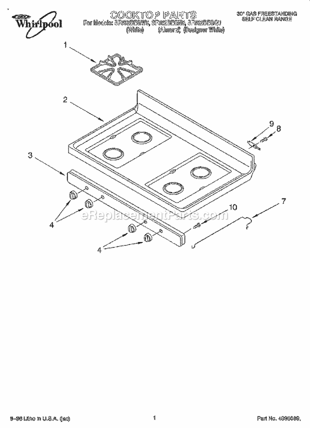 Whirlpool SF362BEGQ0 Freestanding Gas Range Cooktop Diagram