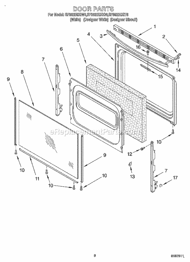 Whirlpool SF362BEGQ6 Freestanding Gas Range Door Diagram