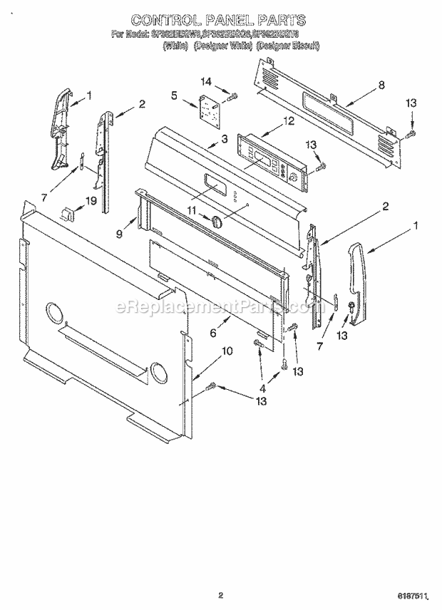 Whirlpool SF362BEGW6 Freestanding Gas Range Control Panel Diagram