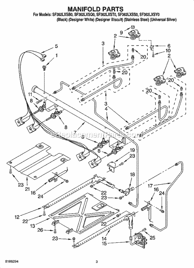 Whirlpool SF362LXSQ0 Freestanding Gas Range Manifold Parts Diagram