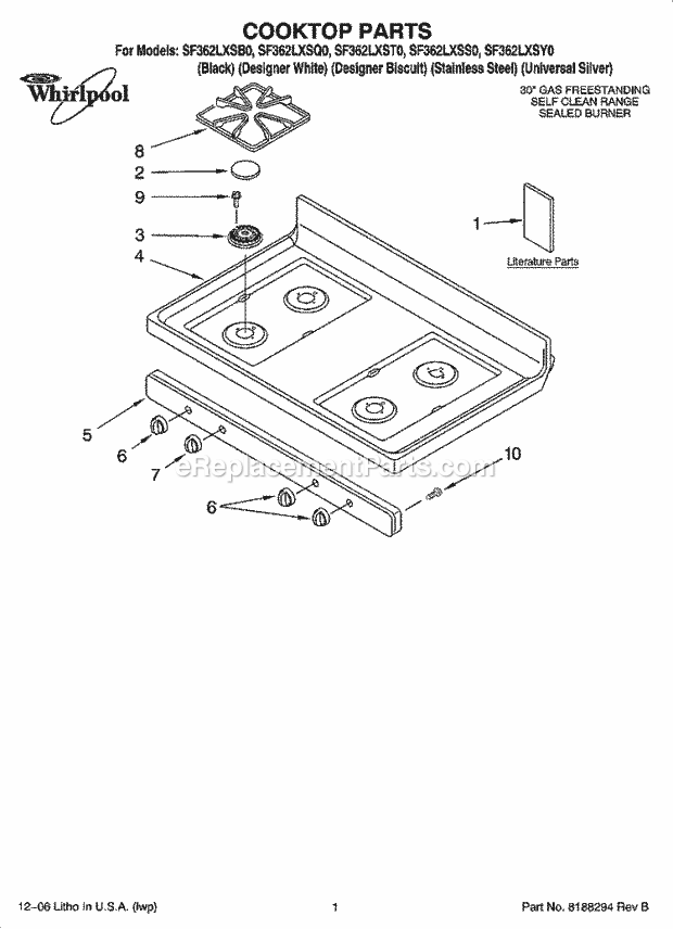 Whirlpool SF362LXSS0 Freestanding Gas Range Cooktop Parts Diagram