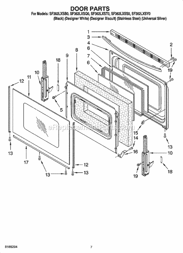 Whirlpool SF362LXSS0 Freestanding Gas Range Door Parts Diagram