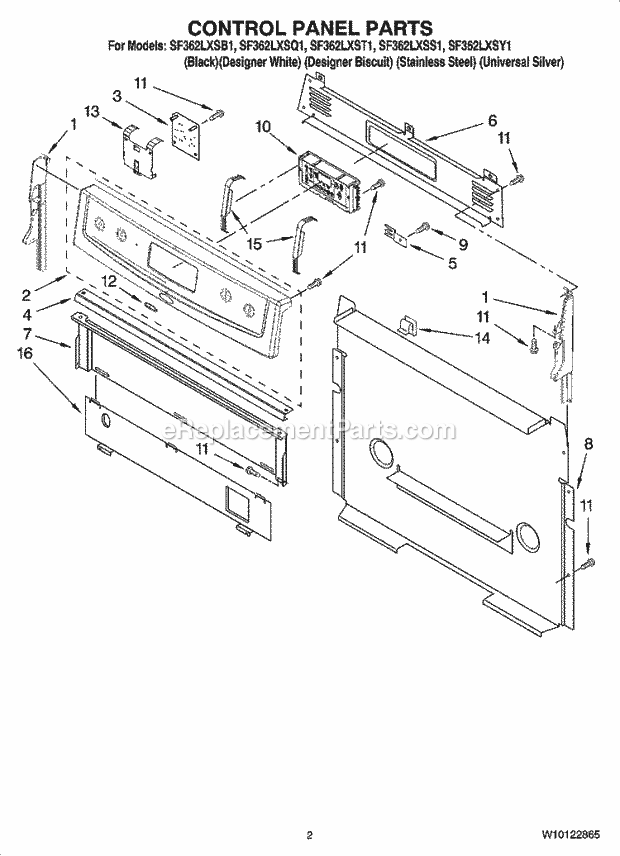 Whirlpool SF362LXSY1 Freestanding Gas Range Control Panel Parts Diagram