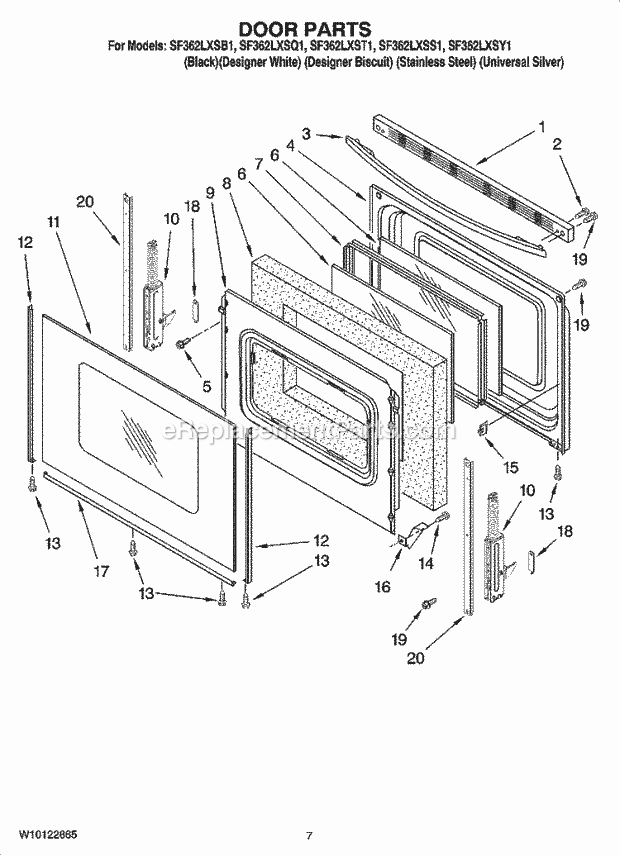 Whirlpool SF362LXSY1 Freestanding Gas Range Door Parts Diagram