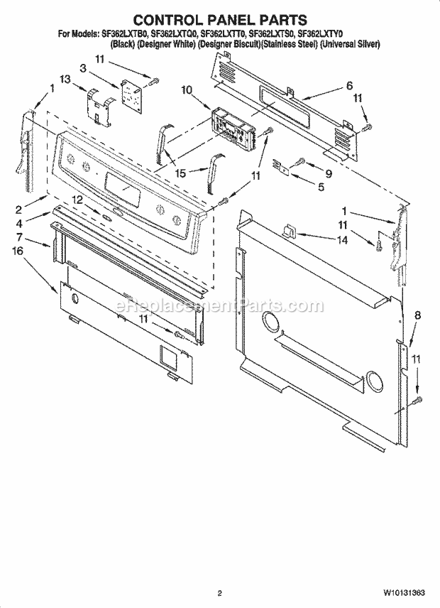 Whirlpool SF362LXTQ0 Freestanding Gas Range Control Panel Parts Diagram