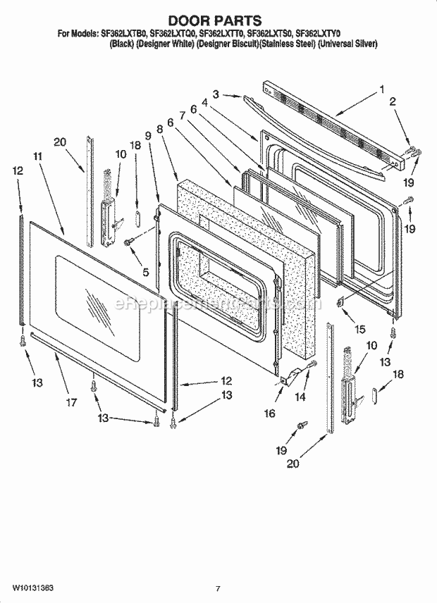 Whirlpool SF362LXTQ0 Freestanding Gas Range Door Parts Diagram