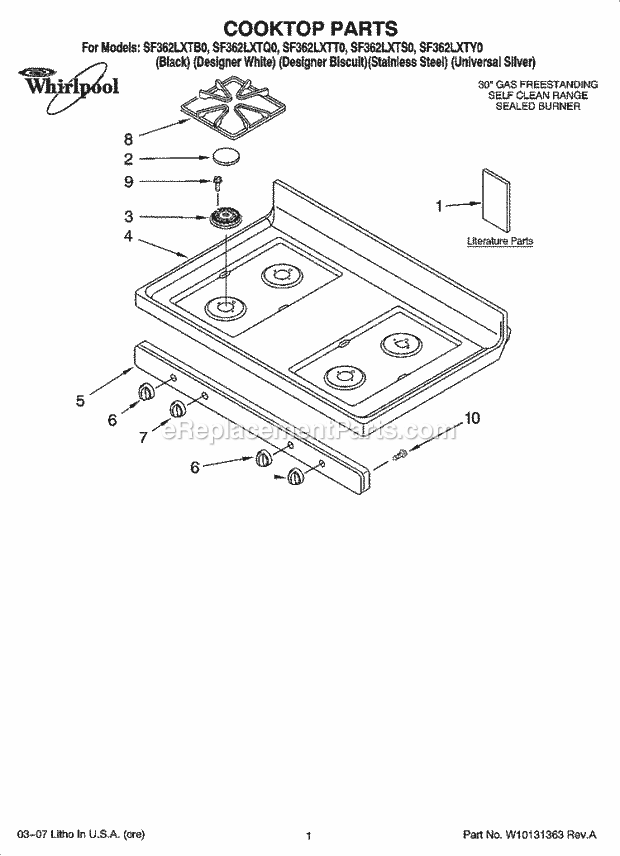 Whirlpool SF362LXTT0 Freestanding Gas Range Cooktop Parts Diagram