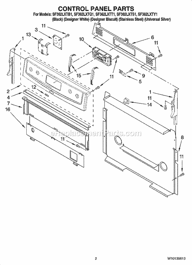 Whirlpool SF362LXTY1 Freestanding Gas Range Control Panel Parts Diagram