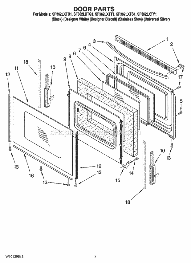 Whirlpool SF362LXTY1 Freestanding Gas Range Door Parts Diagram