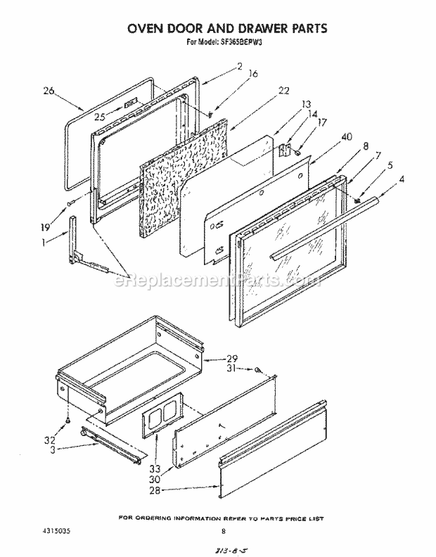 Whirlpool SF365BEPW3 Freestanding Gas Range Oven Door and Drawer Diagram