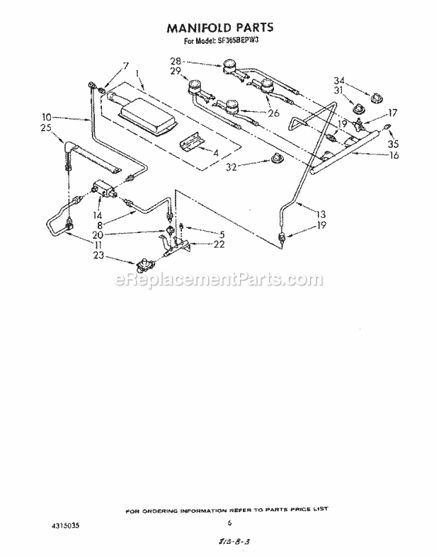 Whirlpool SF365BEPW3 Freestanding Gas Range Section Diagram