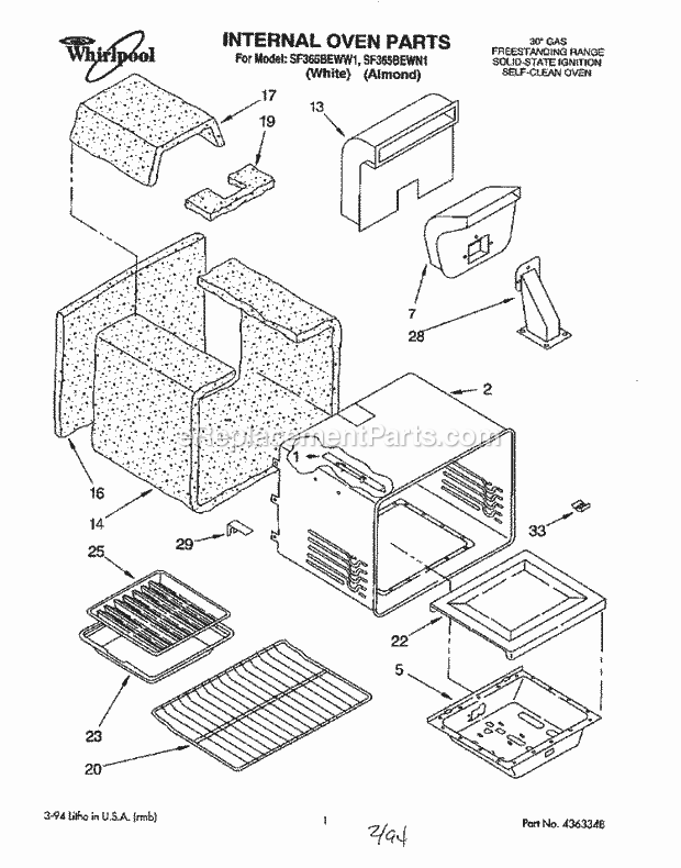 Whirlpool SF365BEWN1 Freestanding Gas Range Internal Oven Diagram